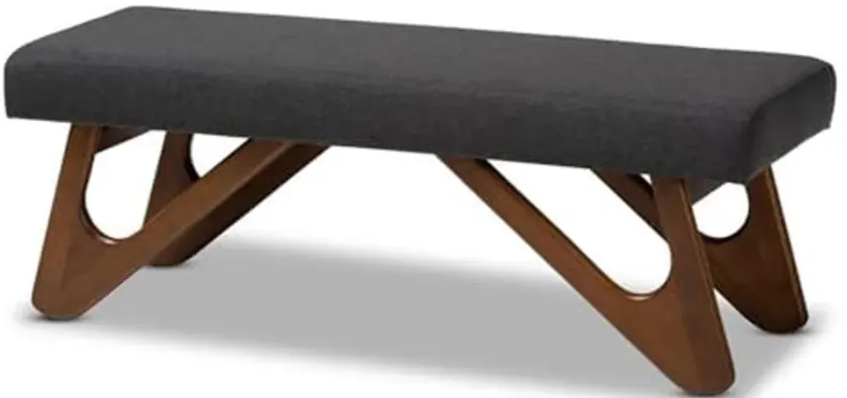 Baxton Studio Rika Mid-Century Modern Dark Grey Fabric Upholstered Walnut Brown Finished Boomerang Bench