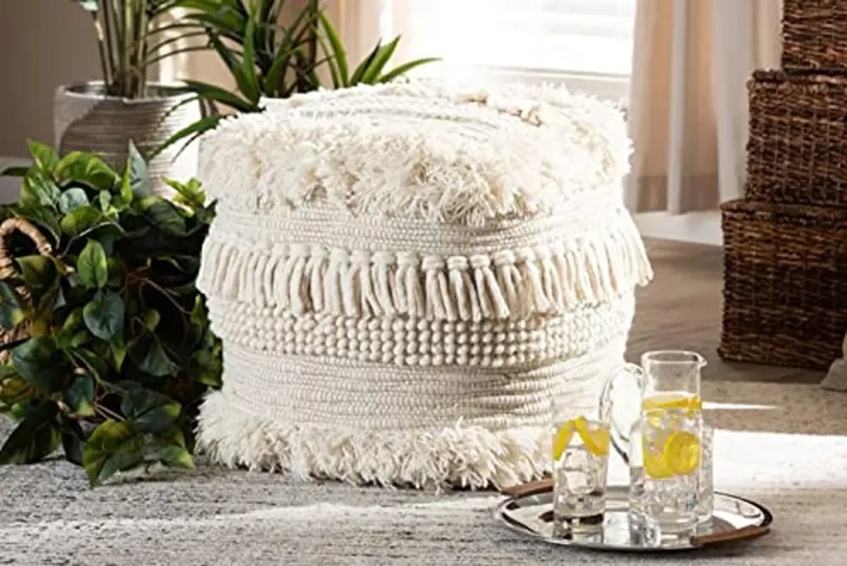 Baxton Studio Bartow Moroccan Inspired Beige Handwoven Cotton Pouf Ottoman