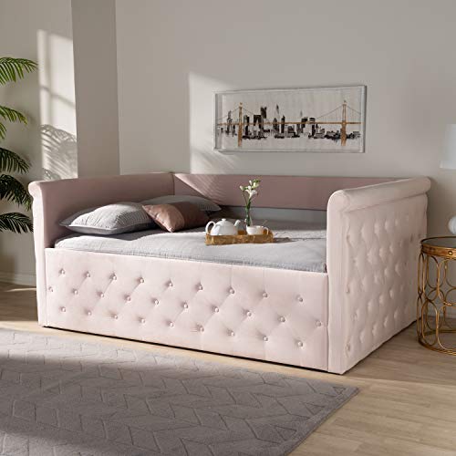 Baxton Studio Amaya Modern and Contemporary Light Pink Velvet Fabric Upholstered Full Size Daybed with Trundle