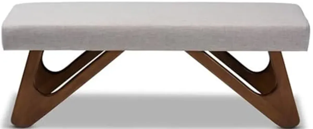 Baxton Studio Rika Mid-Century Modern Greyish Beige Fabric Upholstered Walnut Brown Finished Boomerang Bench