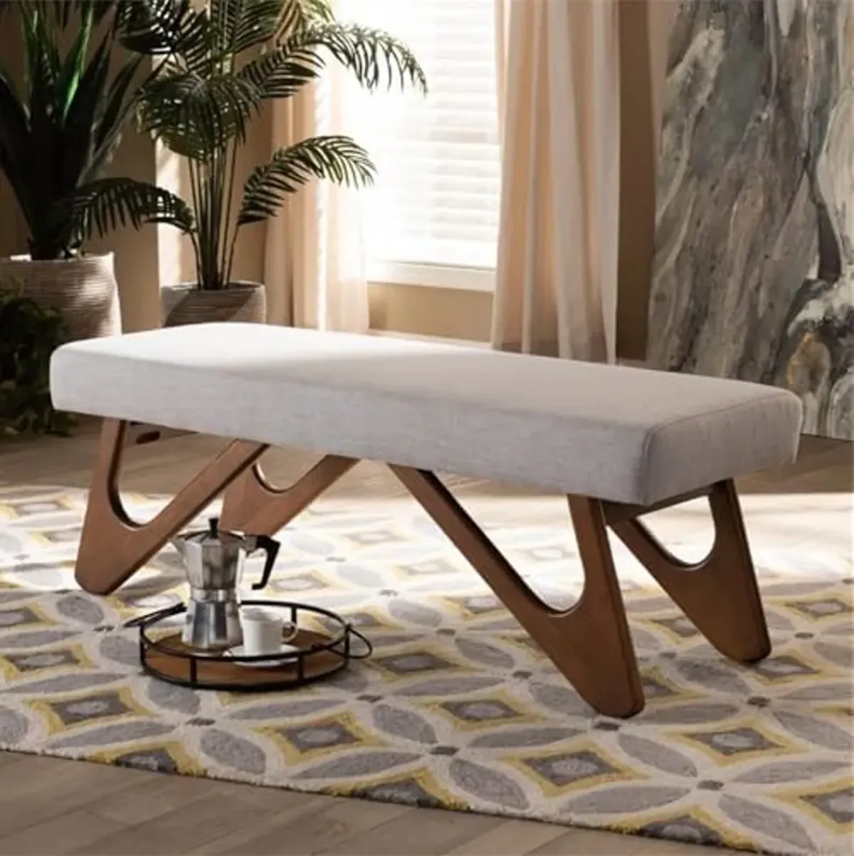 Baxton Studio Rika Mid-Century Modern Greyish Beige Fabric Upholstered Walnut Brown Finished Boomerang Bench