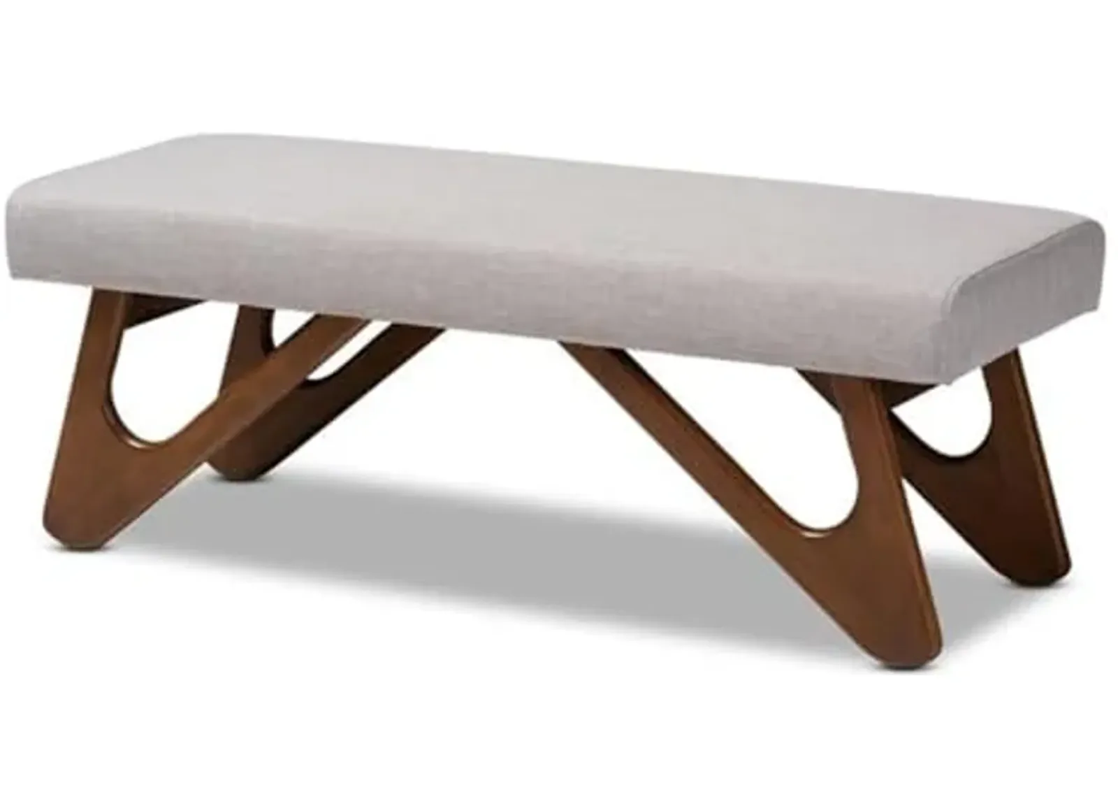 Baxton Studio Rika Mid-Century Modern Greyish Beige Fabric Upholstered Walnut Brown Finished Boomerang Bench