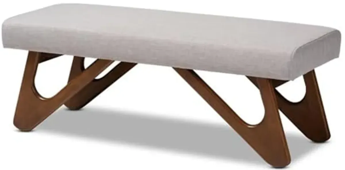 Baxton Studio Rika Mid-Century Modern Greyish Beige Fabric Upholstered Walnut Brown Finished Boomerang Bench