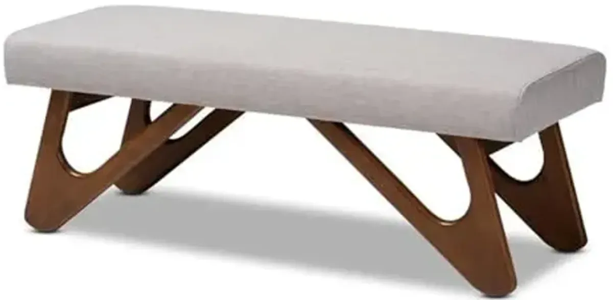 Baxton Studio Rika Mid-Century Modern Greyish Beige Fabric Upholstered Walnut Brown Finished Boomerang Bench