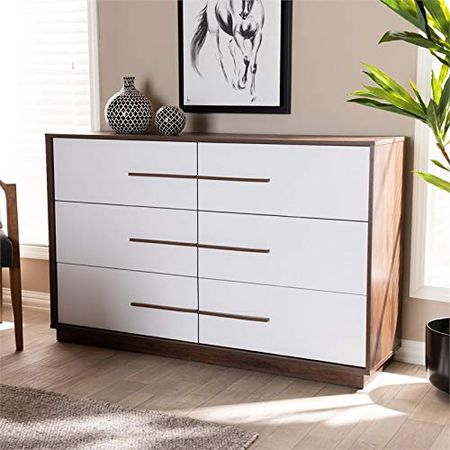 Baxton Studio Mette 6-Drawer Wood Dresser in White and Walnut