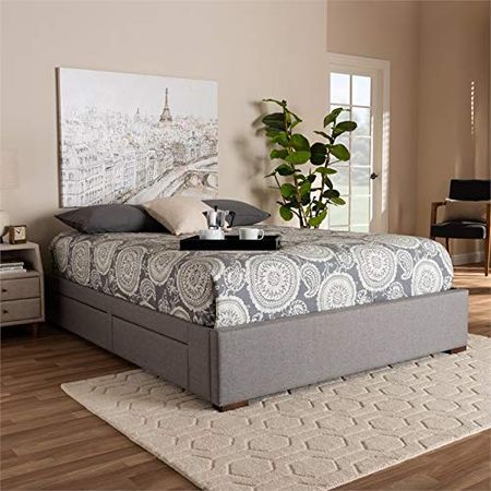 Baxton Studio Leni Modern and Contemporary Light Grey Fabric Upholstered 4-Drawer Queen Size Platform Storage Bed Frame