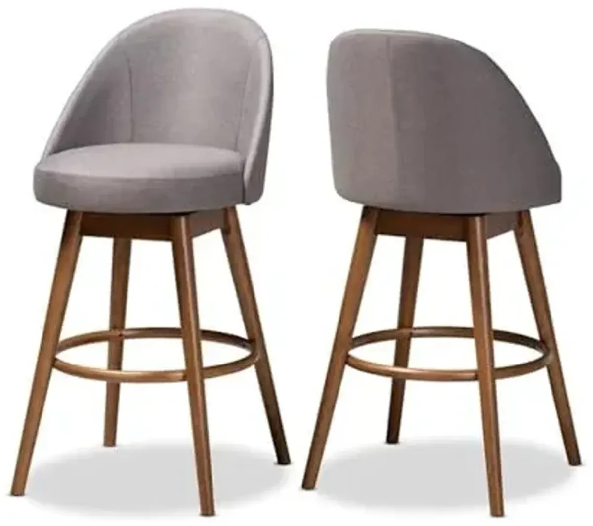 Baxton Studio Carra Mid-Century Modern Grey Fabric Upholstered Walnut-Finished Wood Swivel Bar Stool (Set of 2)