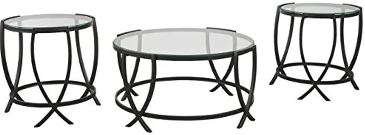 Signature Design by Ashley Tarrin Contemporary Glass Top Round 3-Piece Table Set, Includes Coffee Table and 2 End Tables, Black