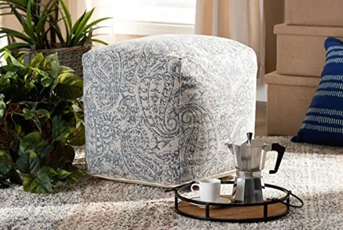 Baxton Studio Juvita Modern and Contemporary Grey and Blue Handwoven Cotton Paisley Pouf Ottoman