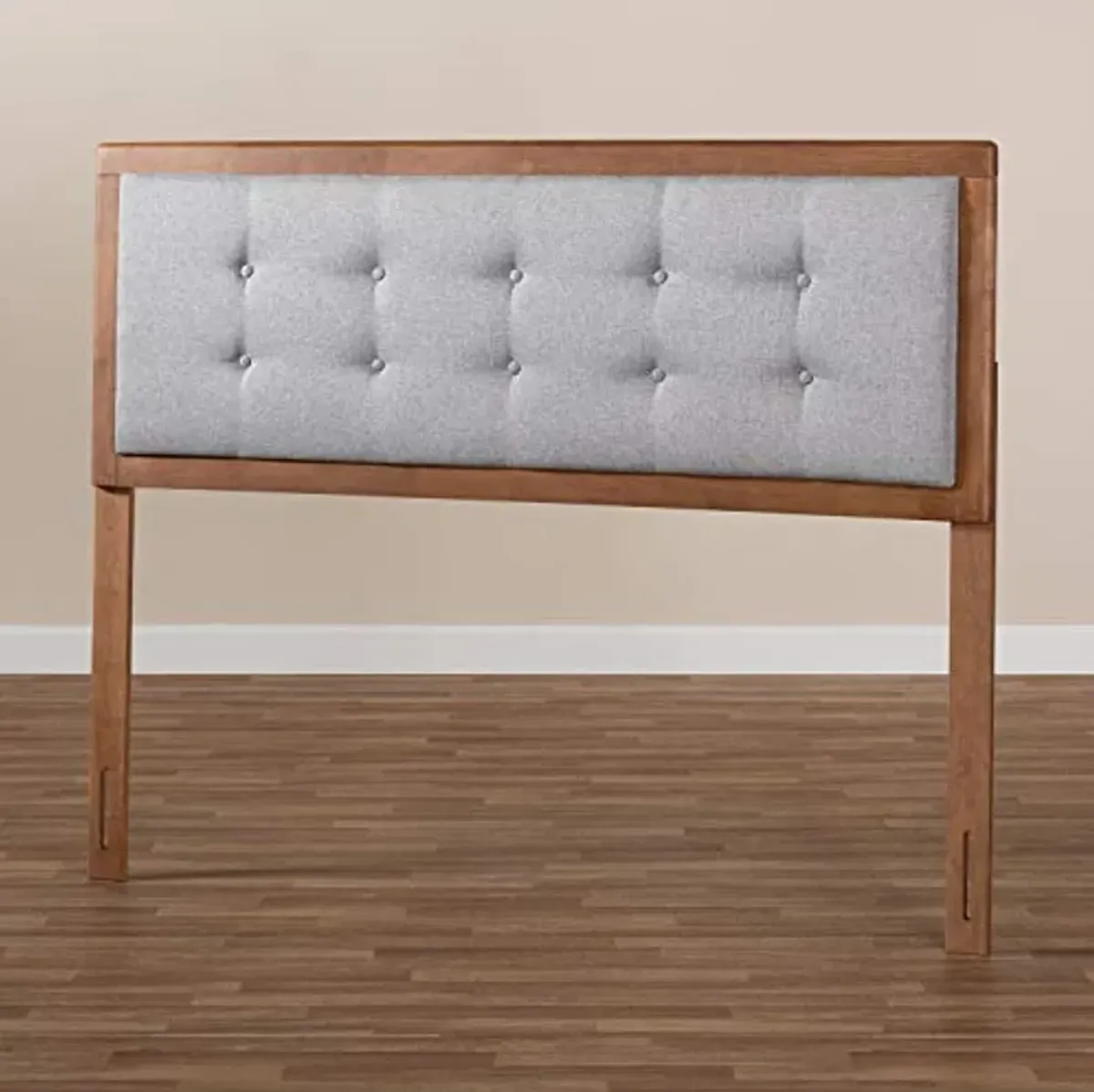 Baxton Studio Sarine Mid-Century Modern Light Grey Fabric Upholstered Walnut Brown Finished Wood Queen Size Headboard