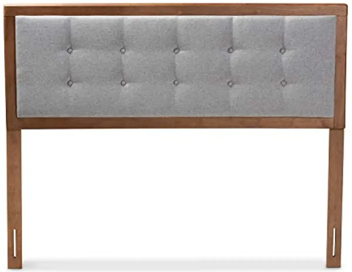 Baxton Studio Sarine Mid-Century Modern Light Grey Fabric Upholstered Walnut Brown Finished Wood Queen Size Headboard