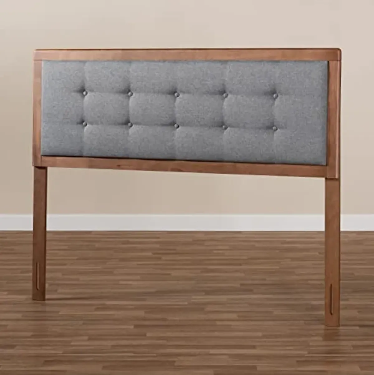 Baxton Studio Sarine Mid-Century Modern Dark Grey Fabric Upholstered Walnut Brown Finished Wood King Size Headboard