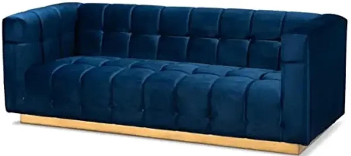 Baxton Studio Loreto Glam and Luxe Navy Blue Velvet Fabric Upholstered Brushed Gold Finished Sofa