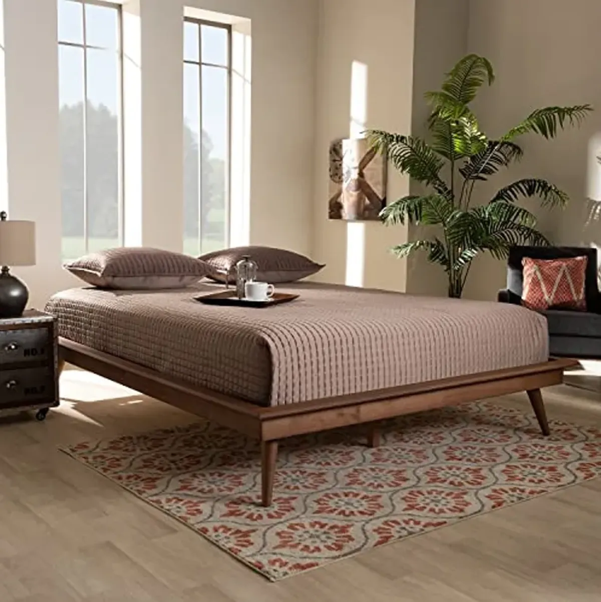 Baxton Studio Karine Mid-Century Modern Walnut Brown Finished Wood Full Size Platform Bed Frame