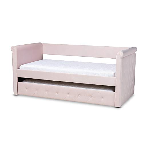 Baxton Studio Amaya Modern and Contemporary Light Pink Velvet Fabric Upholstered Twin Size Daybed with Trundle