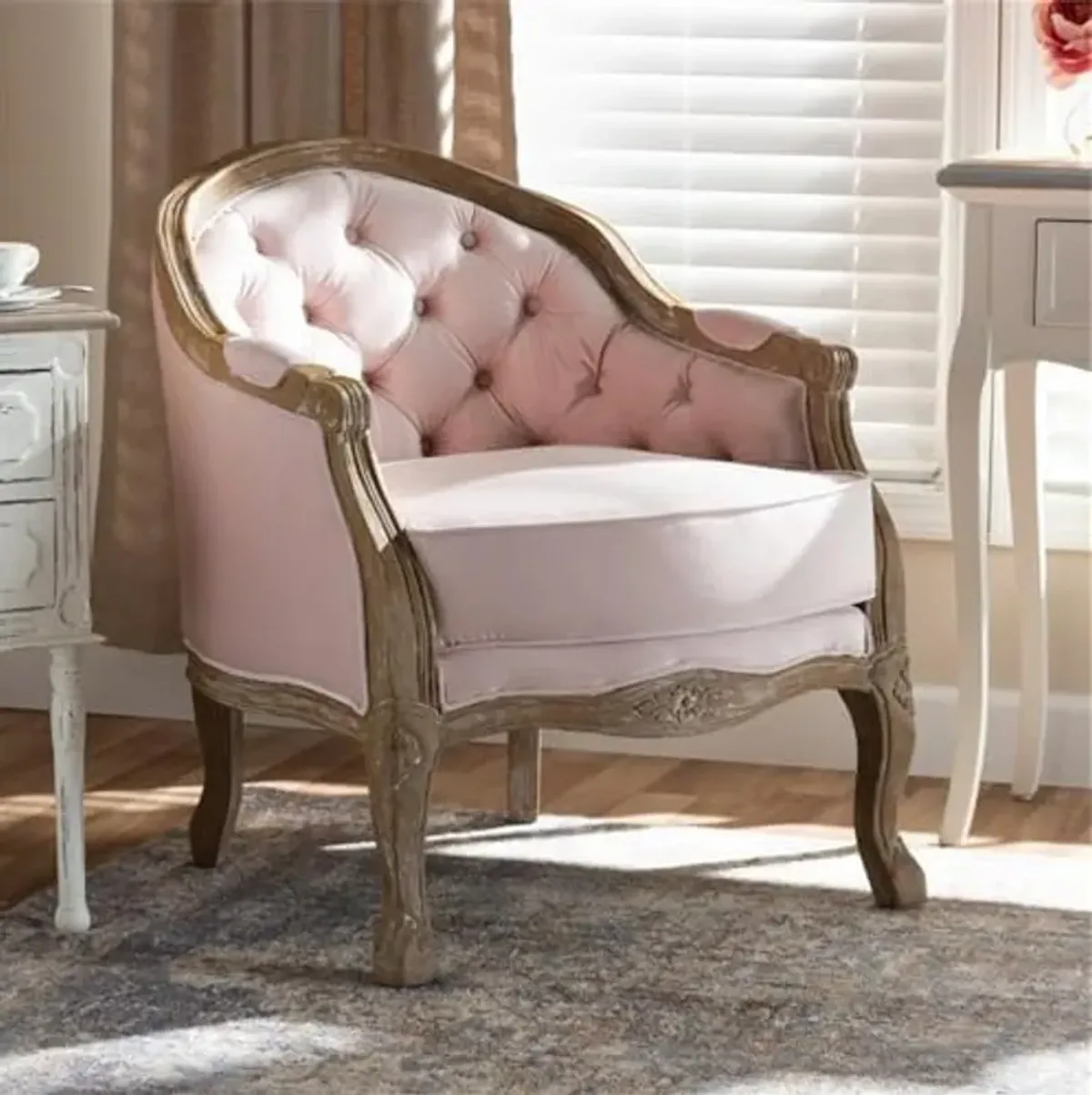 Baxton Studio Genevieve Traditional French Provincial Light Pink Velvet Upholstered White-Washed Oak Wood Armchair