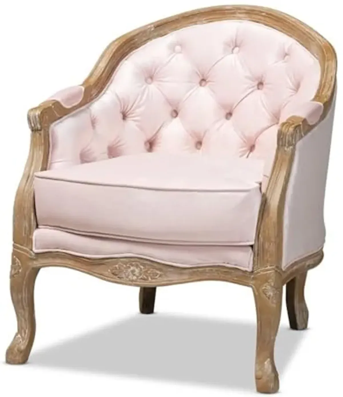 Baxton Studio Genevieve Traditional French Provincial Light Pink Velvet Upholstered White-Washed Oak Wood Armchair