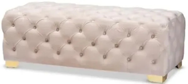 Baxton Studio Avara Glam and Luxe Light Beige Velvet Fabric Upholstered Gold Finished Button Tufted Bench Ottoman