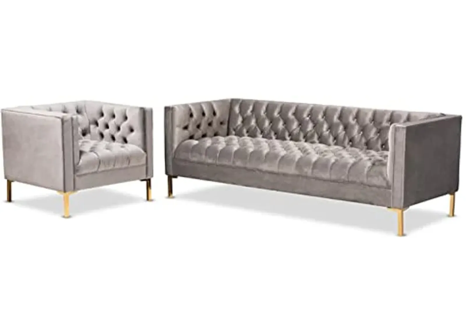 Baxton Studio Zanetta Glam and Luxe Gray Velvet Upholstered Gold Finished 2-Piece Sofa and Lounge Chair Set