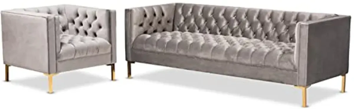 Baxton Studio Zanetta Glam and Luxe Gray Velvet Upholstered Gold Finished 2-Piece Sofa and Lounge Chair Set