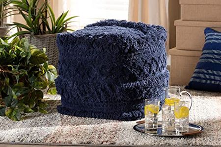 Baxton Studio Curlew Moroccan Inspired Navy Handwoven Cotton Pouf Ottoman
