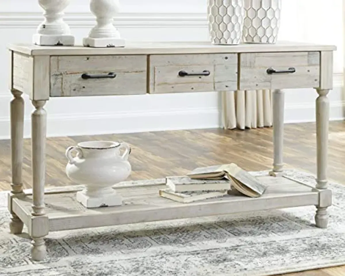 Signature Design by Ashley Shawnalore Farmhouse Solid Pine Wood Sofa Console Table, Whitewash