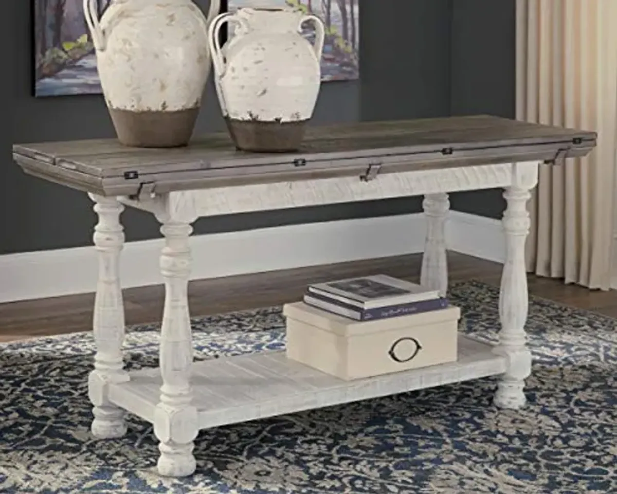 Signature Design by Ashley Havalance Farmhouse Sofa Table, Flip Top Design for Additional Dining Space and Fixed Lower Shelf, Gray & White with Weathered Finish