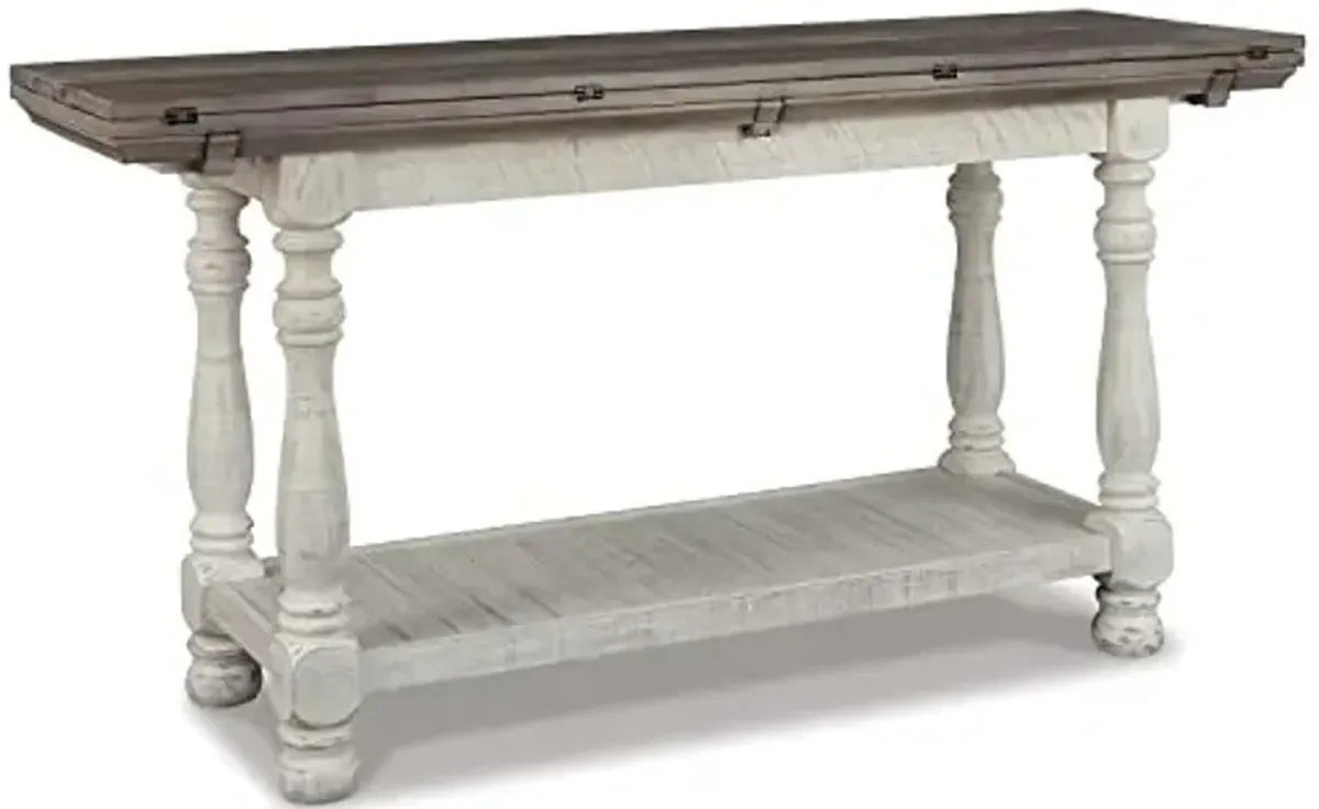 Signature Design by Ashley Havalance Farmhouse Sofa Table, Flip Top Design for Additional Dining Space and Fixed Lower Shelf, Gray & White with Weathered Finish