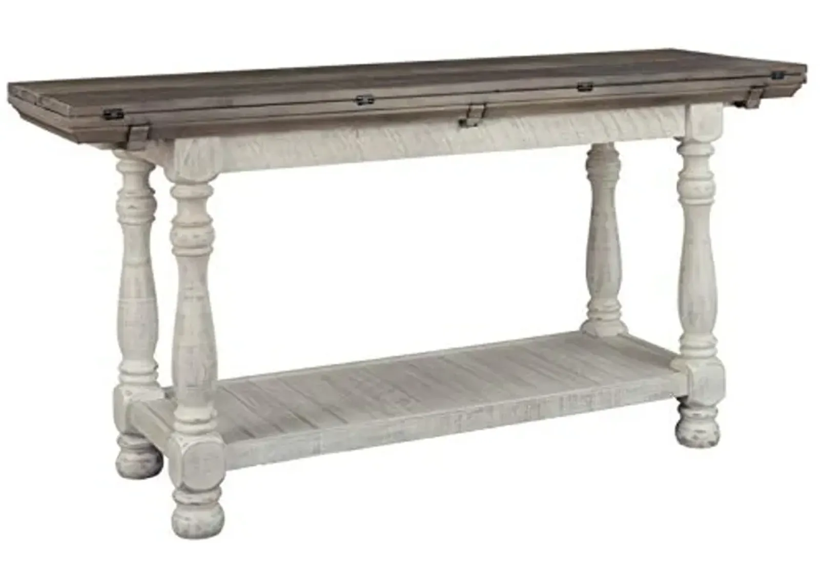 Signature Design by Ashley Havalance Farmhouse Sofa Table, Flip Top Design for Additional Dining Space and Fixed Lower Shelf, Gray & White with Weathered Finish