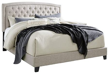 Signature Design by Ashley Jerary Farmhouse Button-Tufted Upholstered Platform Bed, King, Light Gray