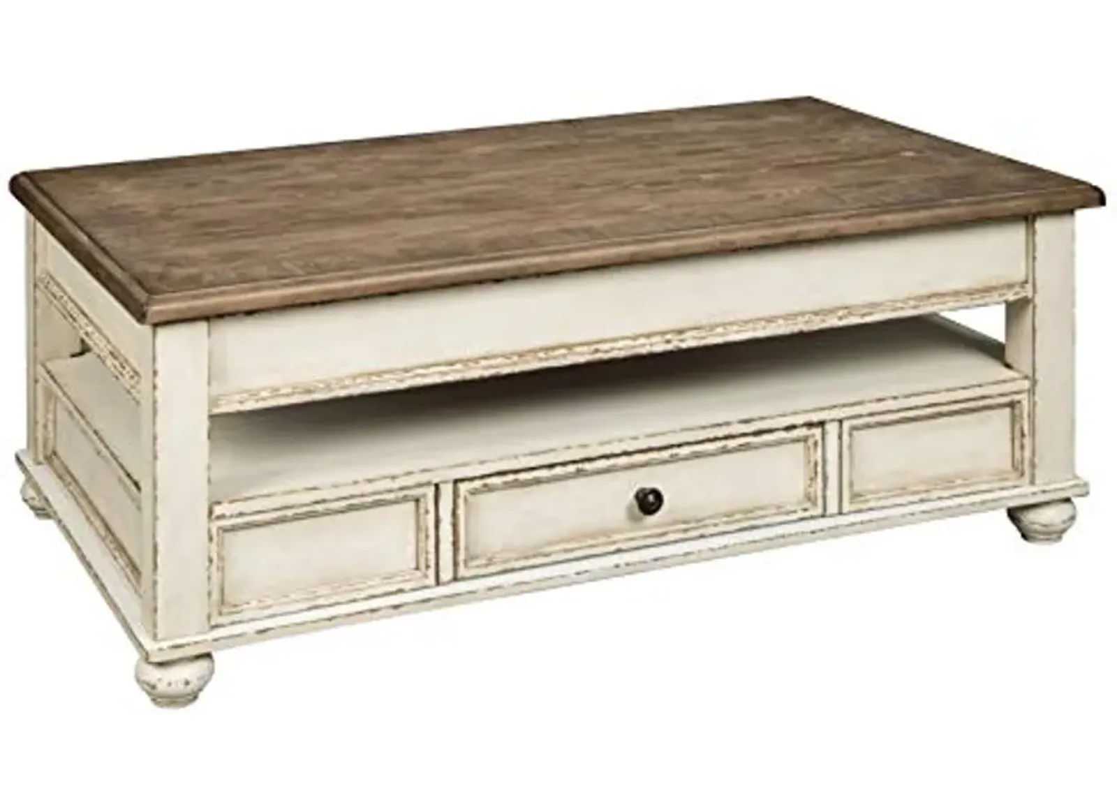 Signature Design by Ashley Realyn Vintage Farmhouse Rectangular Lift Top Coffee Table with Storage Drawer, White & Brown