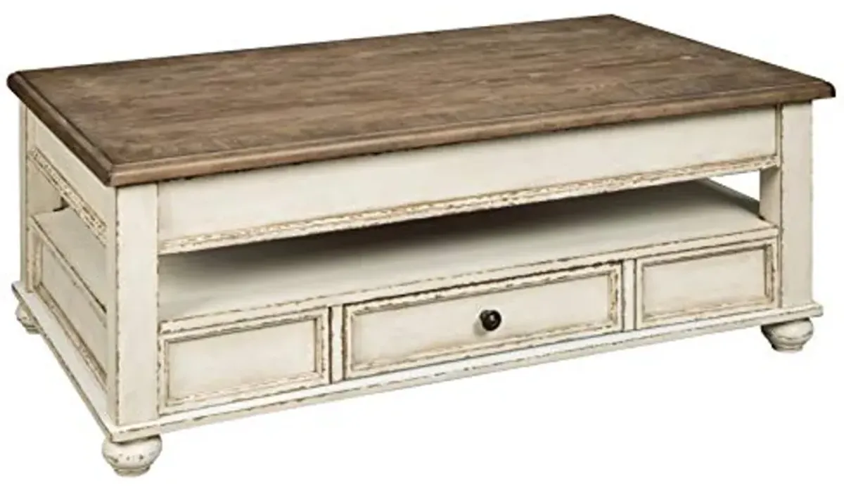 Signature Design by Ashley Realyn Vintage Farmhouse Rectangular Lift Top Coffee Table with Storage Drawer, White & Brown