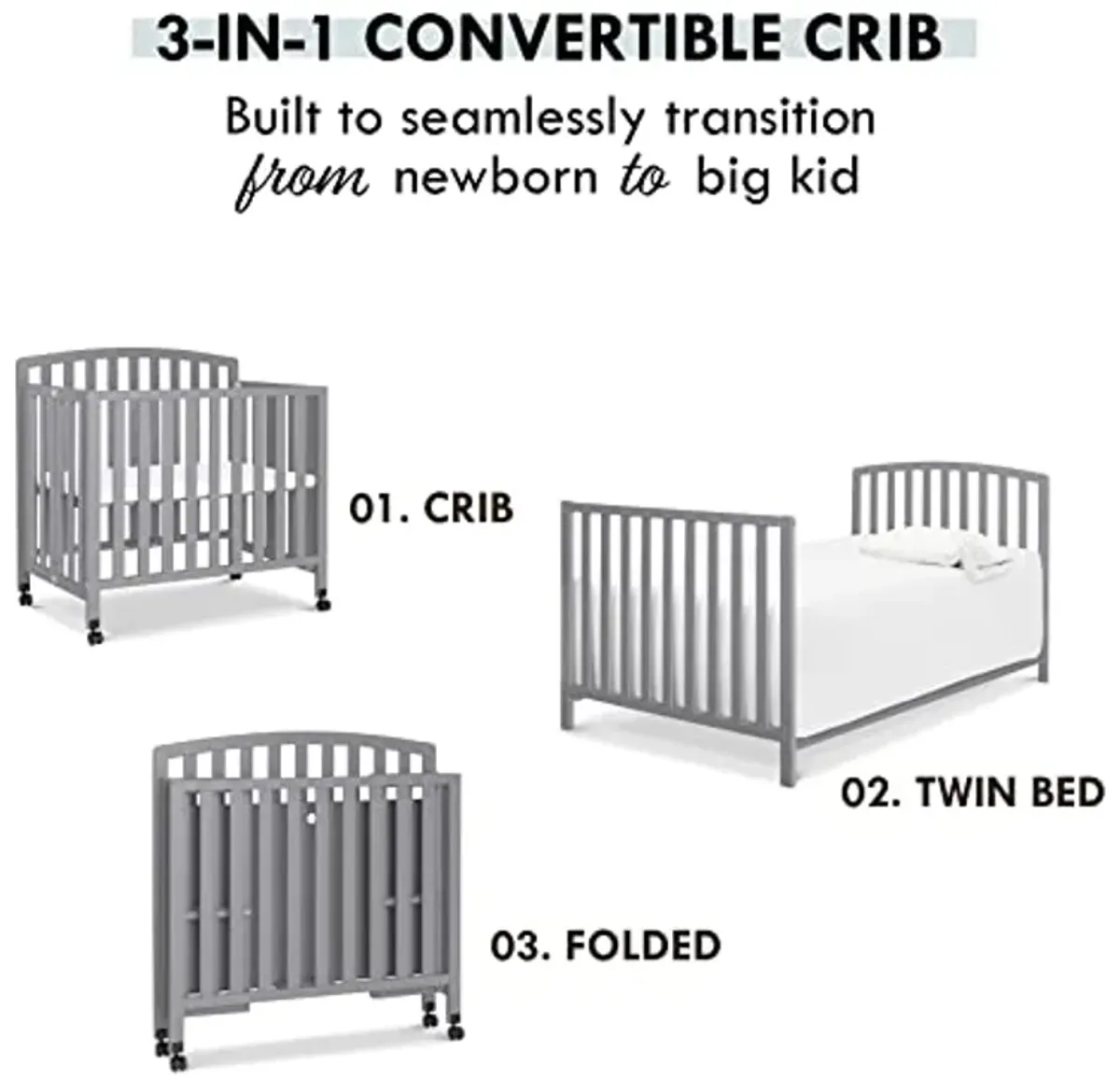 DaVinci Dylan Folding Portable 3-in-1 Convertible Mini Crib and Twin Bed in Grey, Greenguard Gold Certified