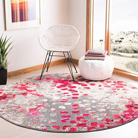 SAFAVIEH Madison Collection 5' Round Grey / Red MAD425R Boho Abstract Distressed Non-Shedding Dining Room Entryway Foyer Living Room Bedroom Area Rug
