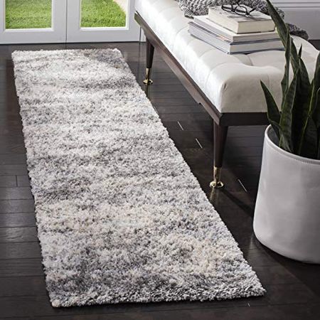 SAFAVIEH Berber Shag Collection 2' x 6' Grey / Cream BER219G Modern Abstract Non-Shedding Living Room Bedroom Dining Room Entryway Plush 1.2-inch Thick Runner Rug