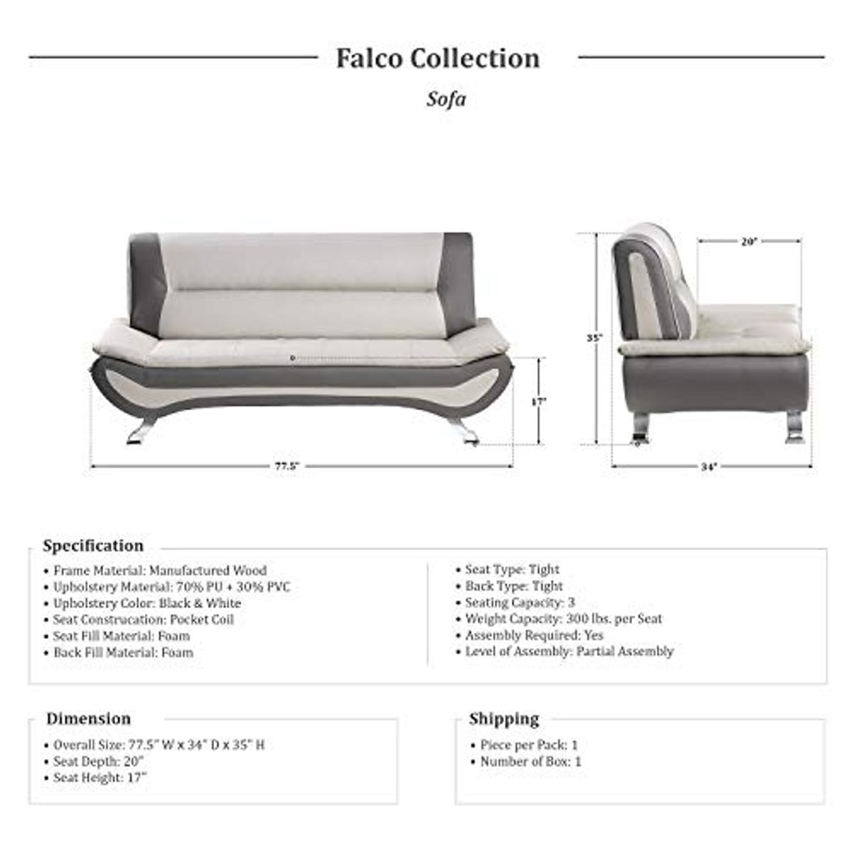 Lexicon Falco 3-Piece Faux Leather Sofa Set, Beige/Gray