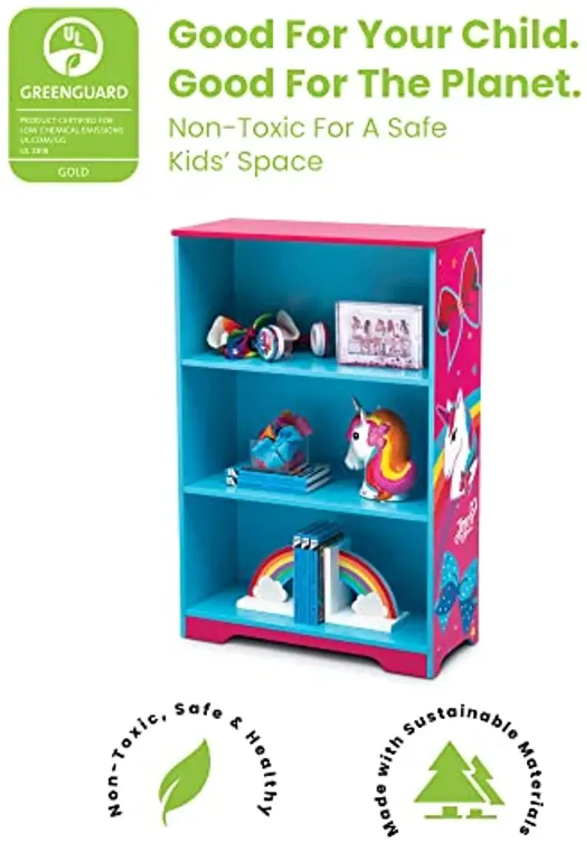 Delta Children Rainbow & Unicorn Deluxe 3-Shelf Bookcase - Greenguard Gold Certified, Pink