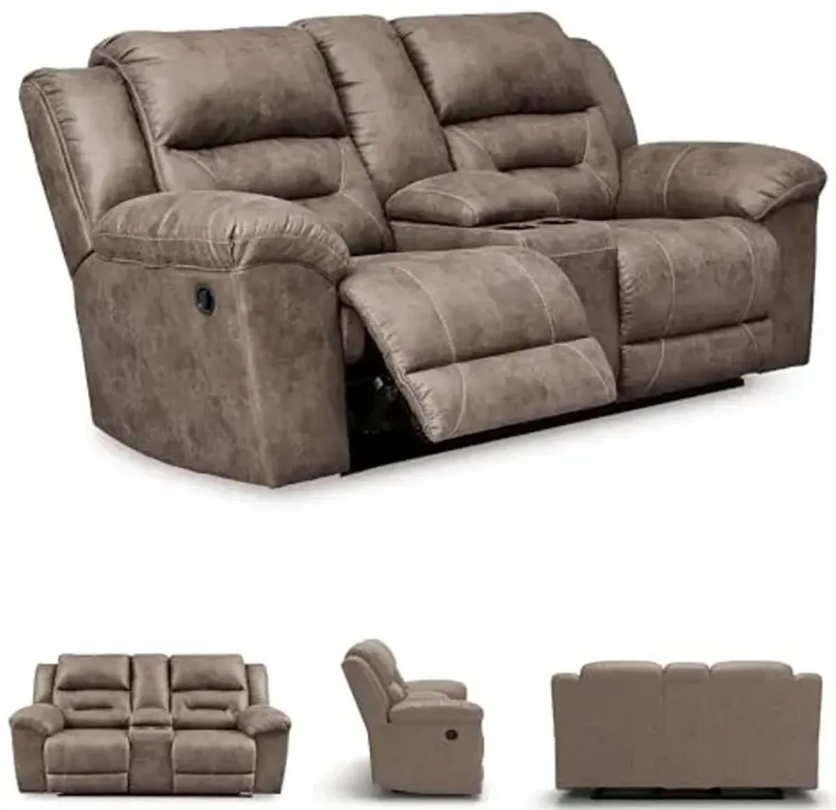 Signature Design by Ashley Stoneland Faux Leather Manual Double Reclining Loveseat with Center Console, Light Brown
