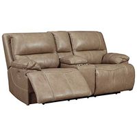 Signature Design by Ashley Ricmen Leather Adjustable Dual Sided Power Reclining Loveseat with USB Charging & Console, Light Brown