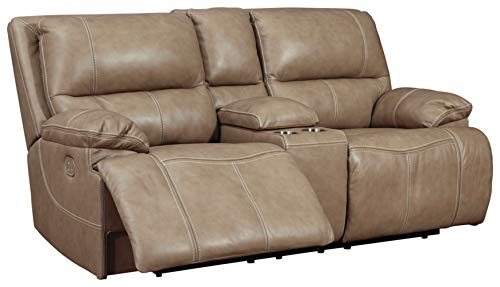 Signature Design by Ashley Ricmen Leather Adjustable Dual Sided Power Reclining Loveseat with USB Charging & Console, Light Brown