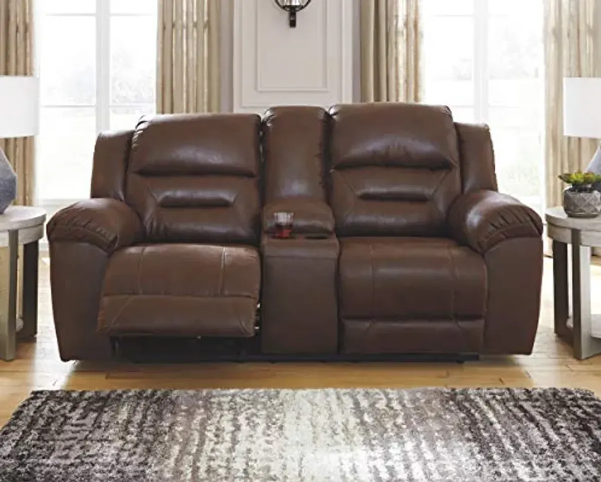 Signature Design by Ashley Stoneland Faux Leather Power Double Reclining Loveseat with Center Console, Dark Brown