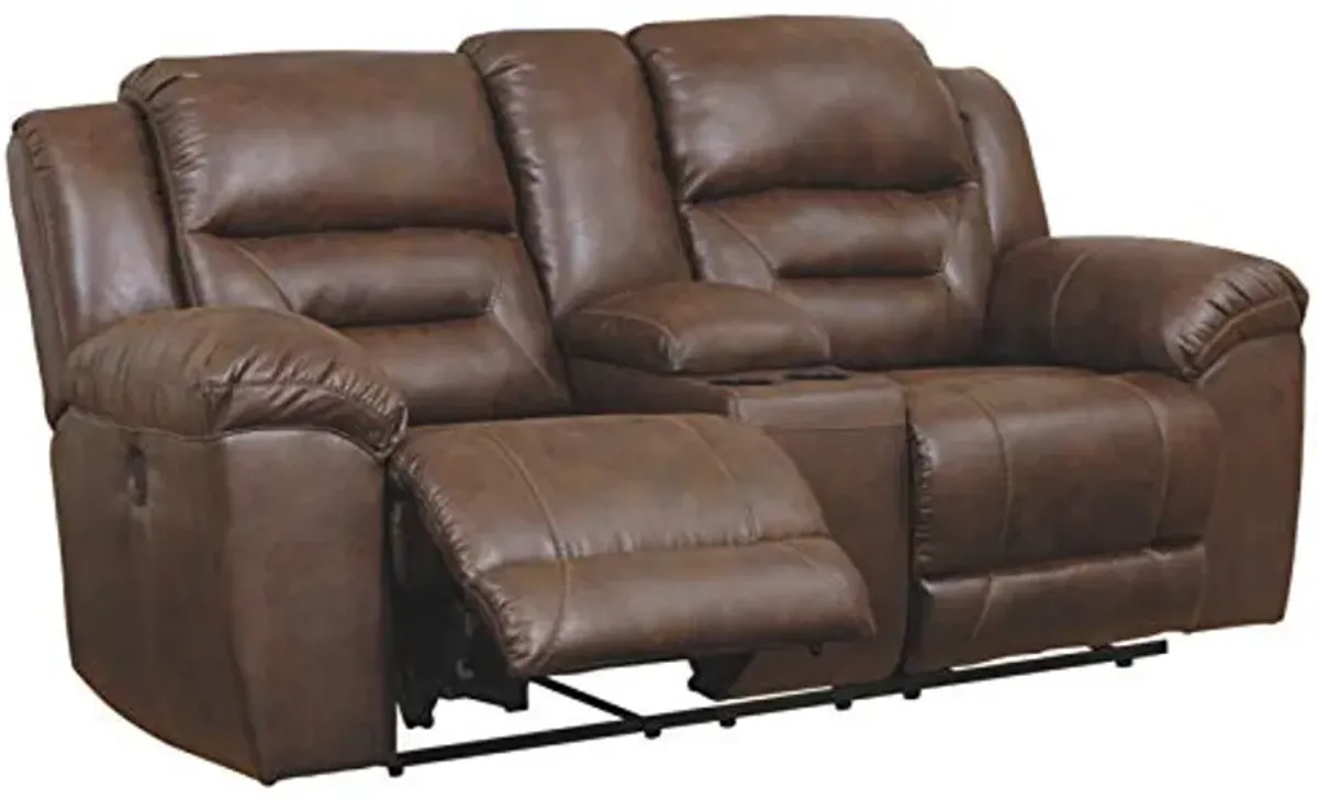 Signature Design by Ashley Stoneland Faux Leather Power Double Reclining Loveseat with Center Console, Dark Brown