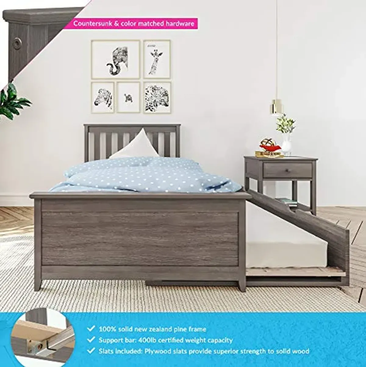 Max & Lily Twin Bed, Wood Bed Frame with Headboard For Kids with Trundle, Slatted, Clay