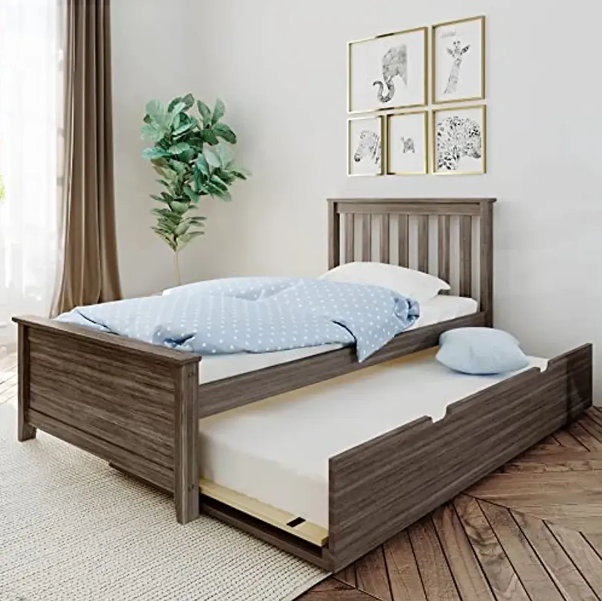 Max & Lily Twin Bed, Wood Bed Frame with Headboard For Kids with Trundle, Slatted, Clay