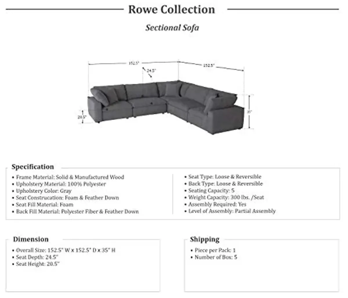 Lexicon Rowe Modular Sectional Sofa, Grey