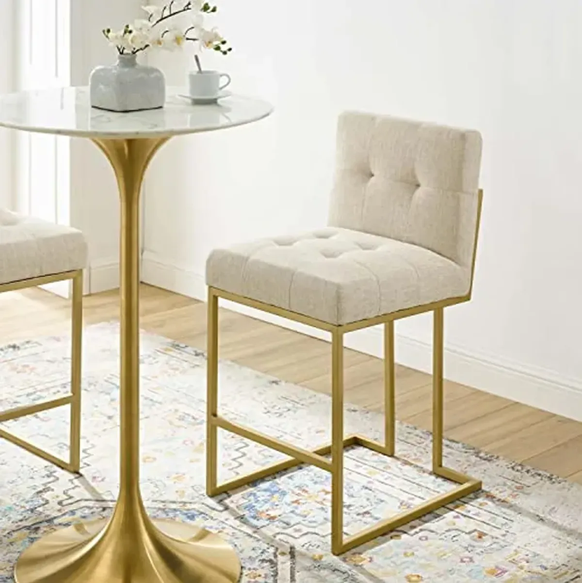 Modway Privy Stainless Steel Upholstered Fabric Counter Stool, Gold Beige