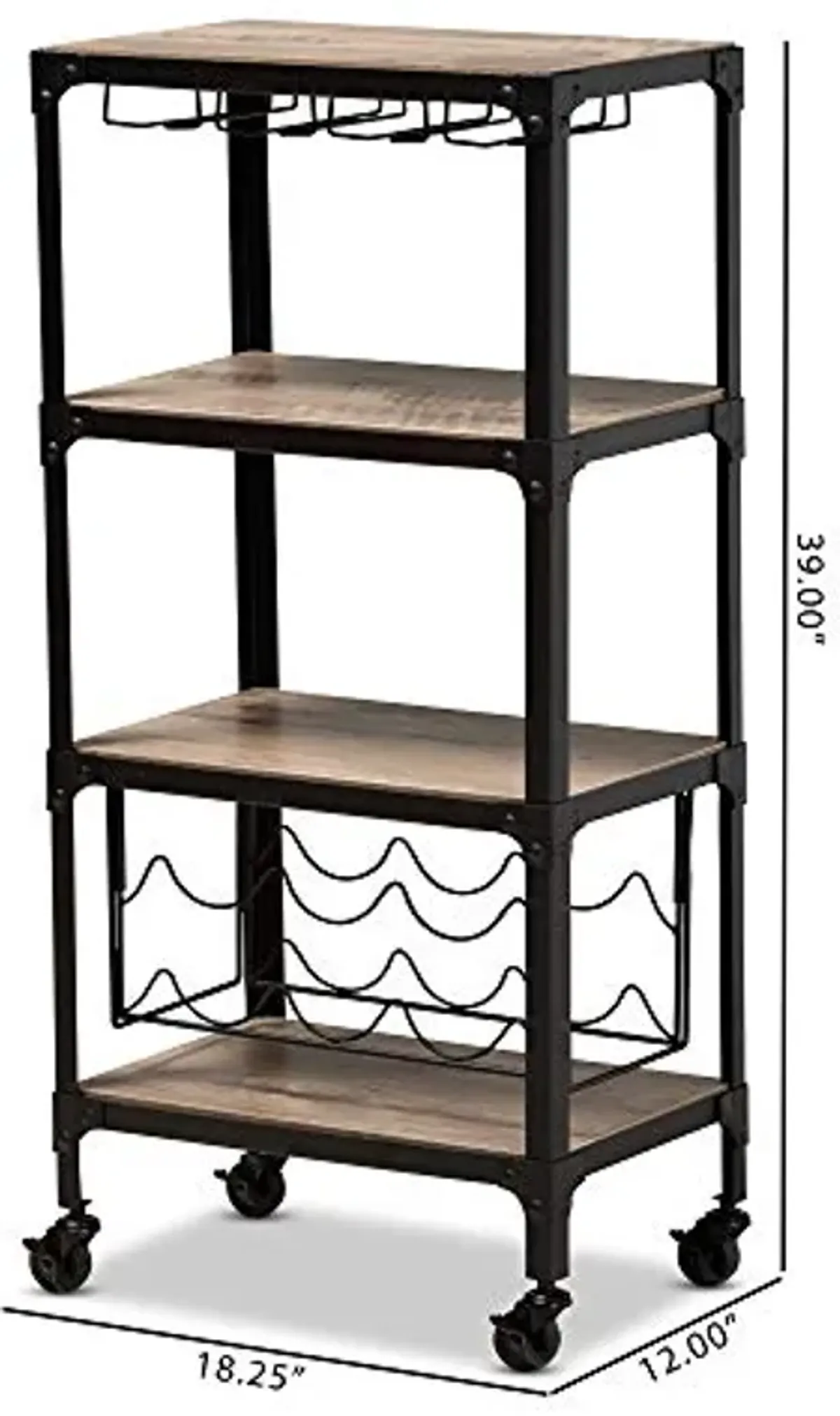 Baxton Studio Swanson Rustic Industrial Style Antique Black Textured Metal Distressed Oak Finished Wood Mobile Kitchen Bar Wine Cart