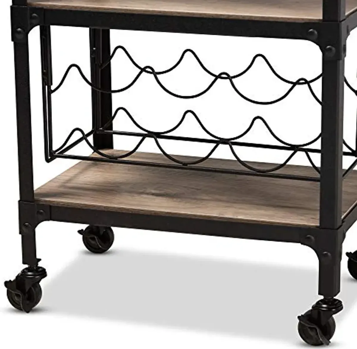 Baxton Studio Swanson Rustic Industrial Style Antique Black Textured Metal Distressed Oak Finished Wood Mobile Kitchen Bar Wine Cart