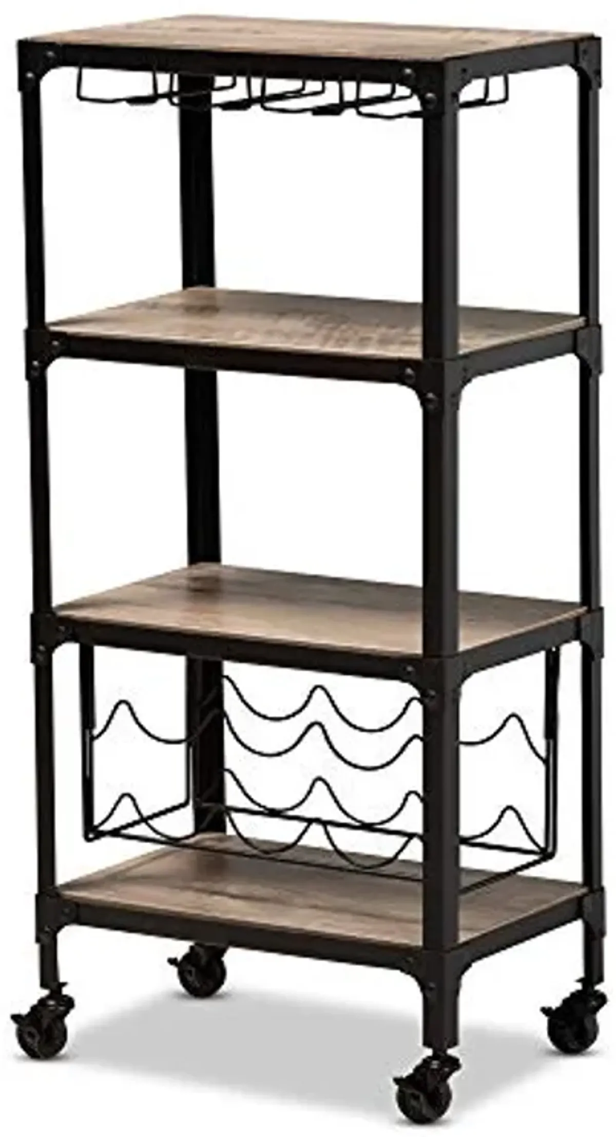 Baxton Studio Swanson Rustic Industrial Style Antique Black Textured Metal Distressed Oak Finished Wood Mobile Kitchen Bar Wine Cart