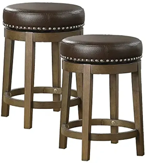 Lexicon Kenmare Swivel Stools Set of 2, Rustic 360 Degree Backless Swivel Counter Stools, Faux Leather Upholstered, Solid Wood Frame, Easy Assembly, Round Top, Foot Rest, 25" Brown